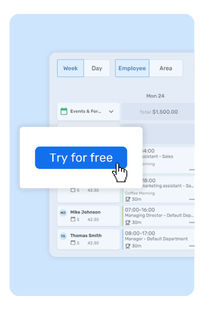 Image of a populated rota with a pop up showing a free trial for Rota, Time & Attendance 