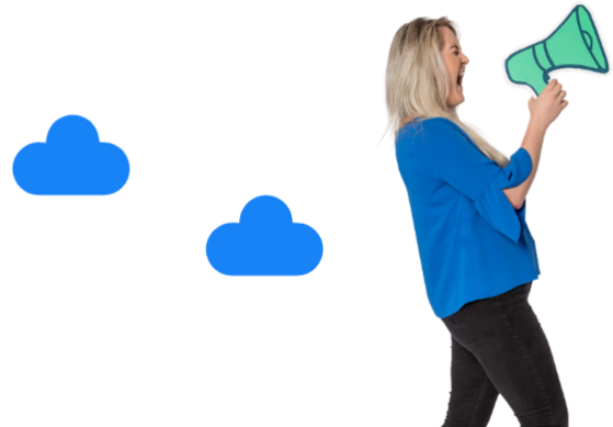 One member of team Breathe is stood against a white background. She is holding a green cardboard cutout of a megaphone and is using it to shout across the room. Behind her are two blue clouds representing Breathe's logo.