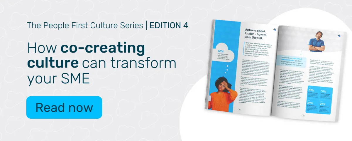 'How co-creating culture can transform your SME' with the front cover of The People First Culture Series Edition 4 and a blue download now CTA