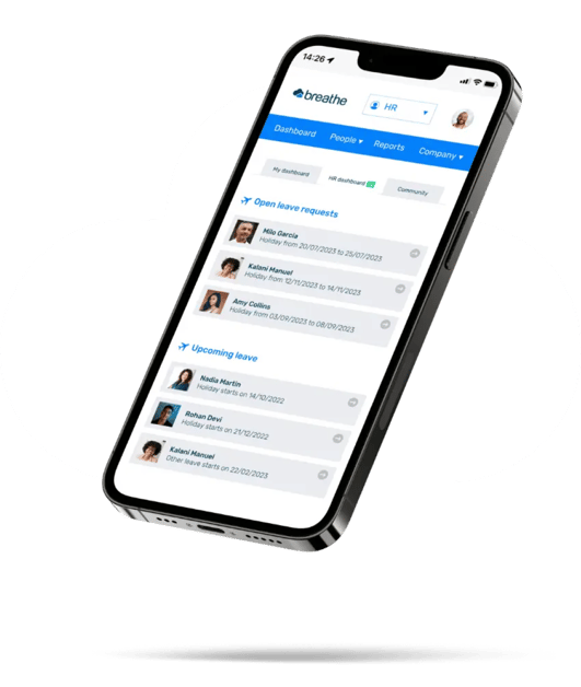A mobile phone displaying open leave requests and upcoming leave on Breathe's HR dashboard